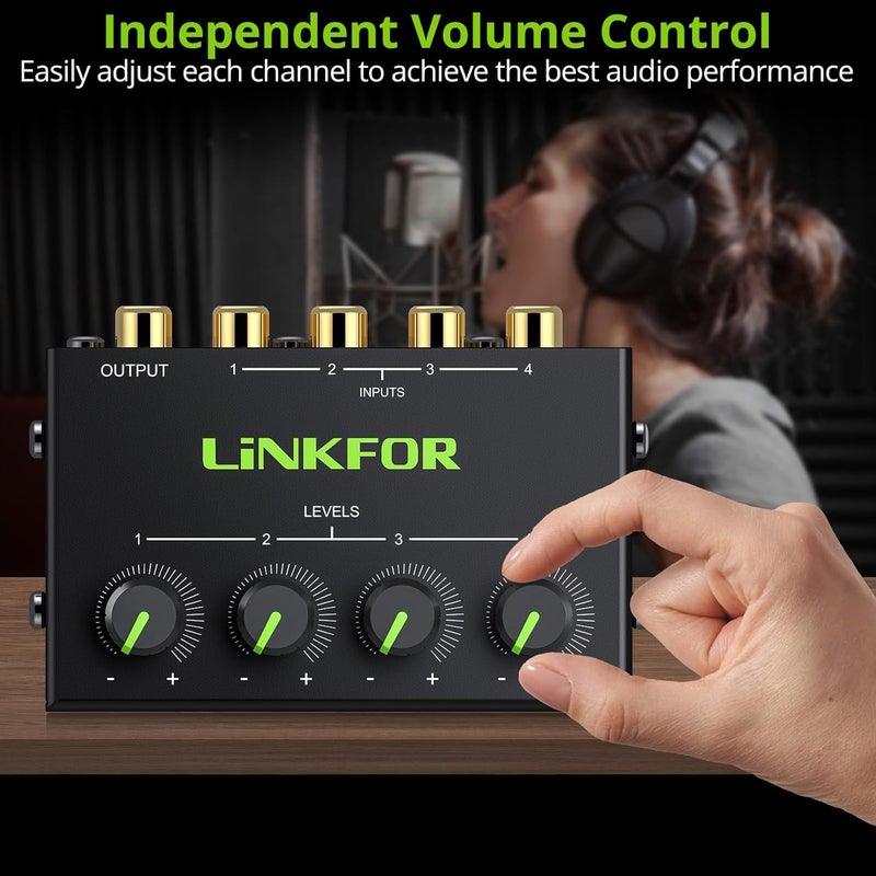 LiNKFOR 4 Channel Stereo Audio Mixer CX400 Metal Shell Support RCA Input and Output Mini Passive Stereo Mixer with Separate Volume Controls - Image 4